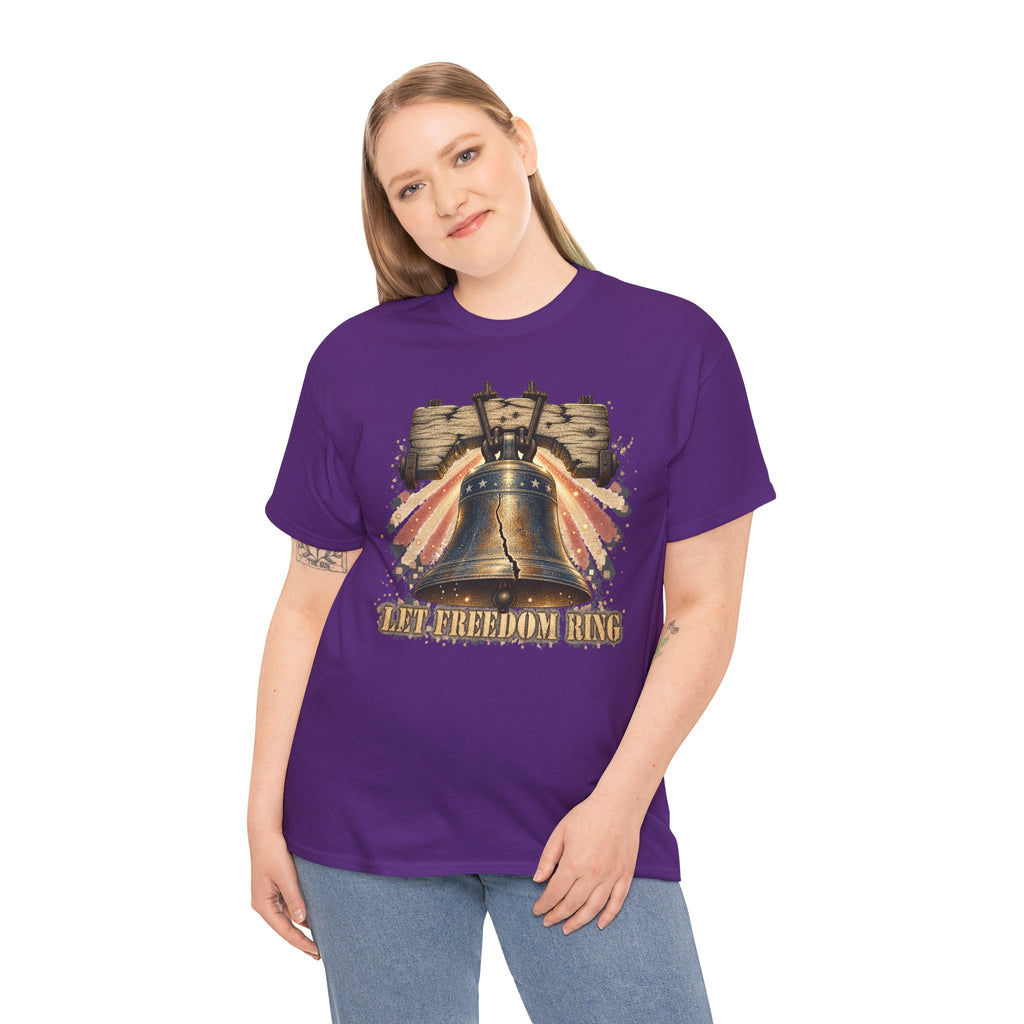 Purple short-sleeve T-shirt with Liberty Bell chest graphic and text