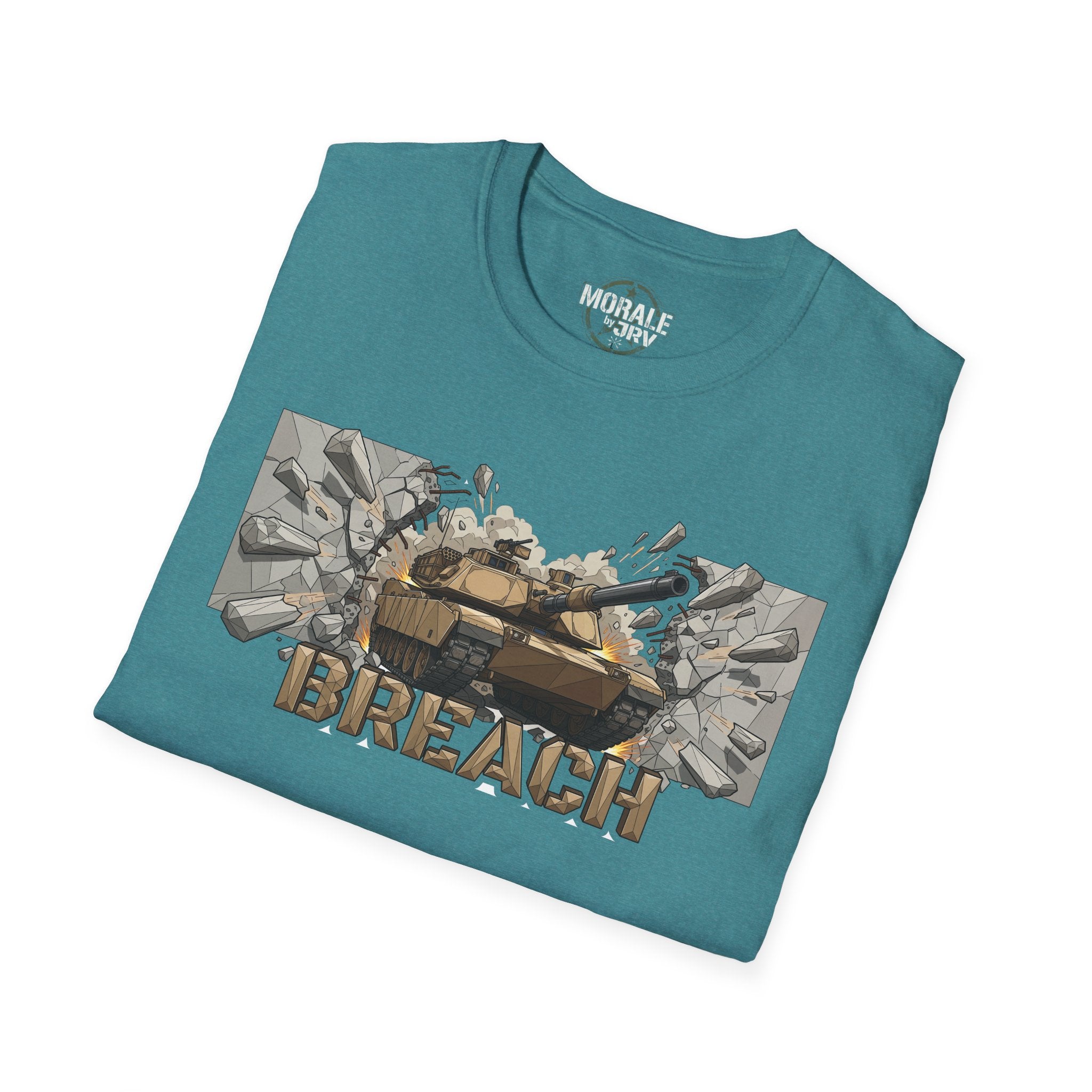 Teal BREACH tank break graphic T-shirt, front design