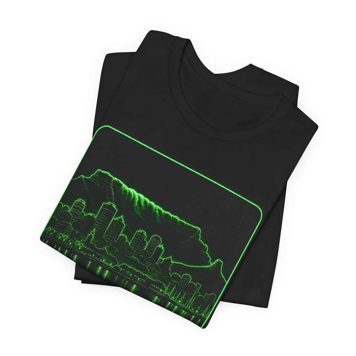 Black crewneck T-shirt with neon green skyline graphic, folded detail