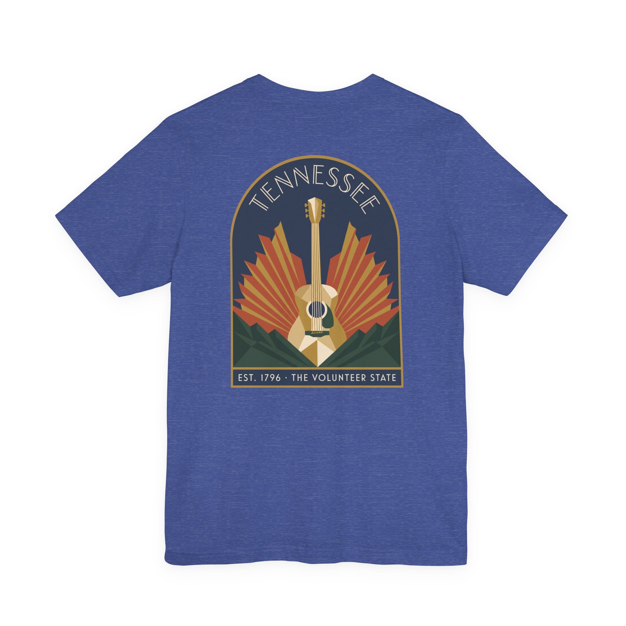 Royal blue crew-neck T-shirt with Tennessee guitar art graphic on chest