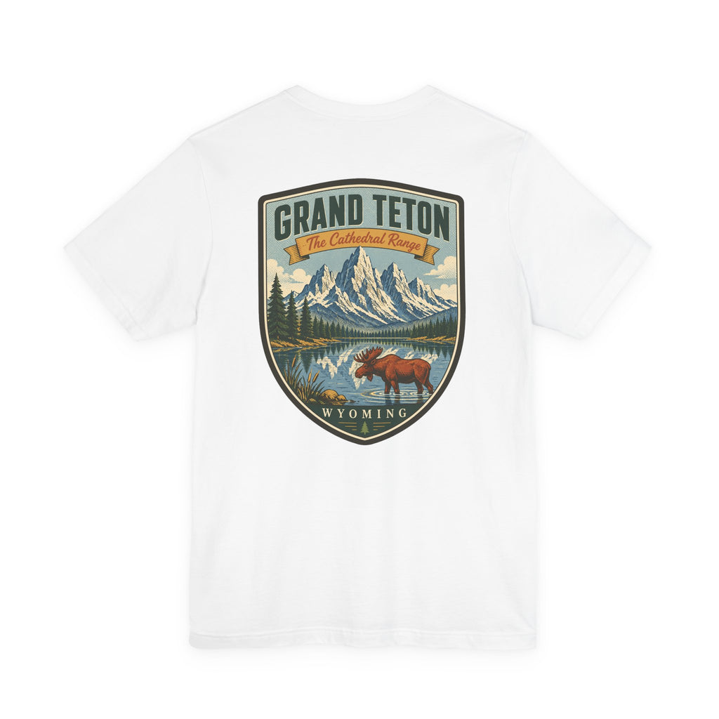 White crew-neck T-shirt with Grand Teton Wyoming graphic featuring a moose and mountains.