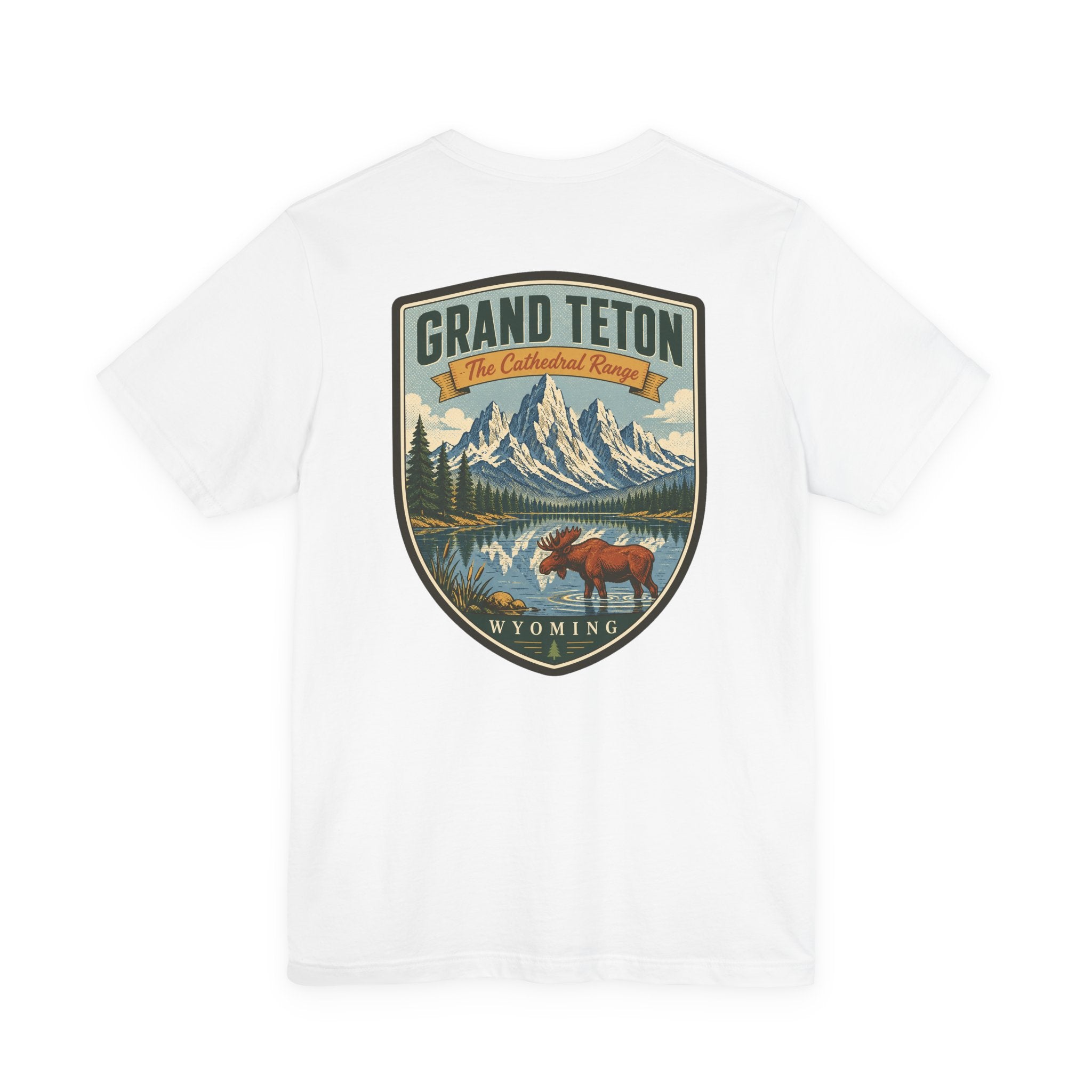 White crew-neck T-shirt with Grand Teton Wyoming graphic featuring a moose and mountains.