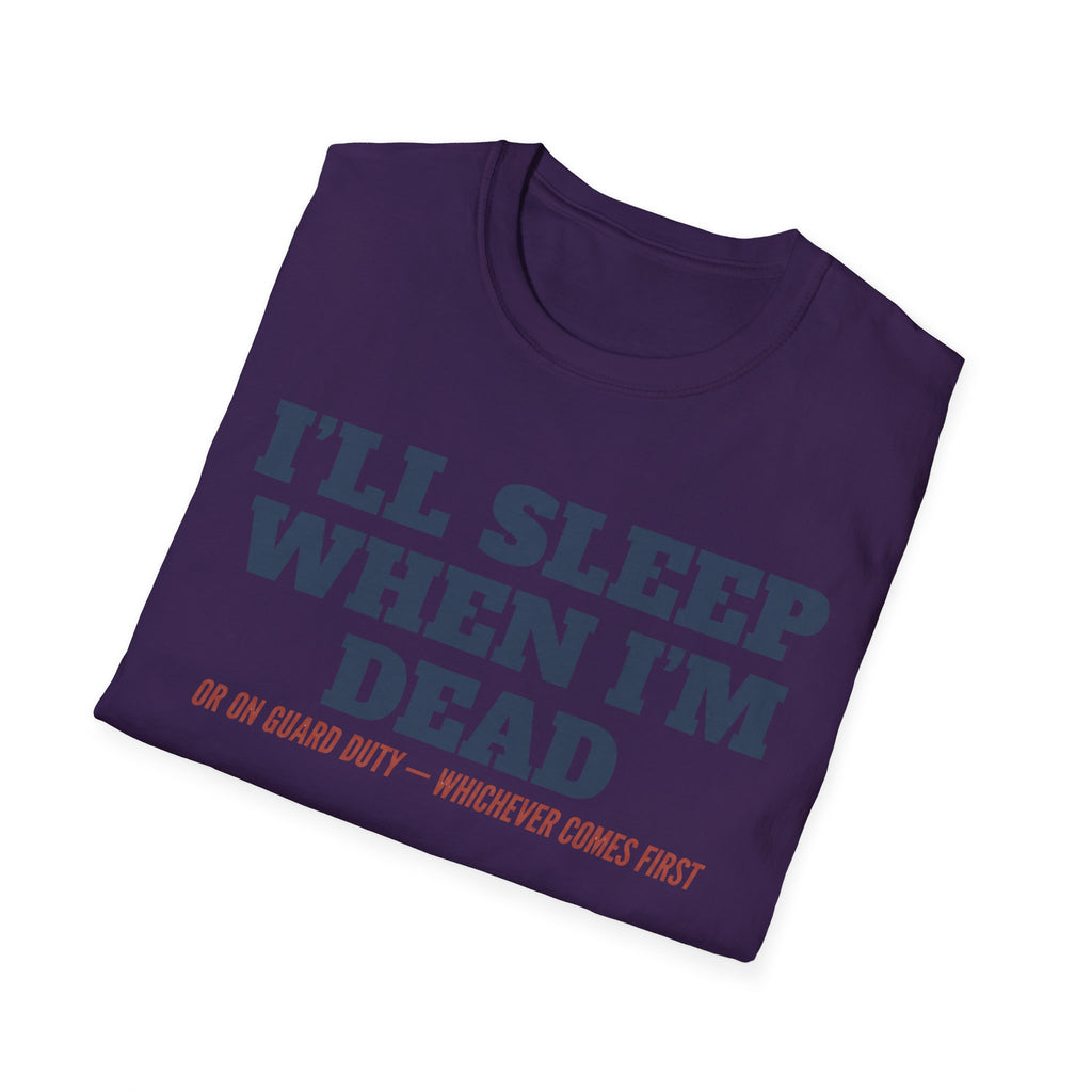 Purple crew-neck T-shirt with 'I'll sleep when I'm dead' slogan graphic