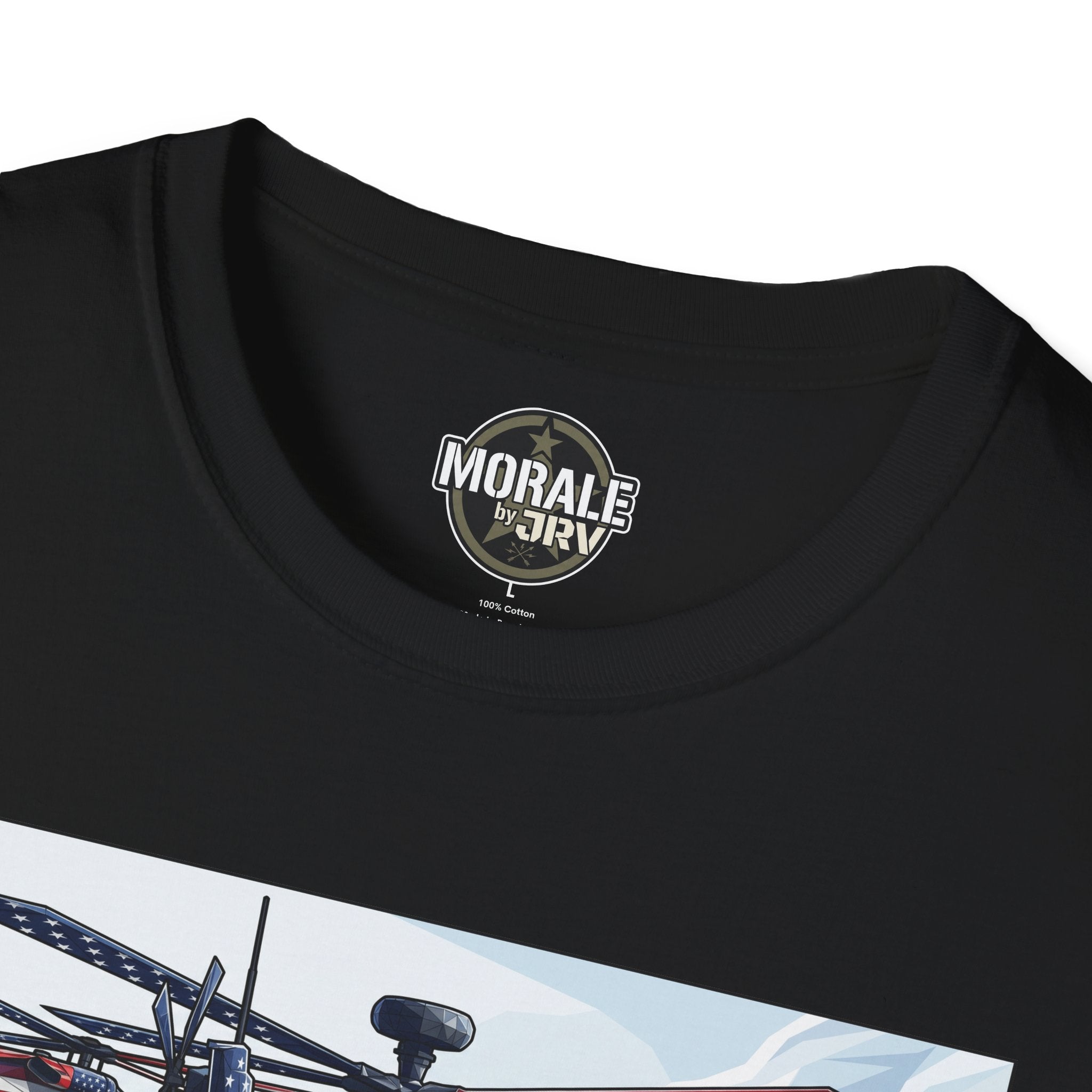 Black T-shirt collar with Morale Patch logo and partial helicopter graphic