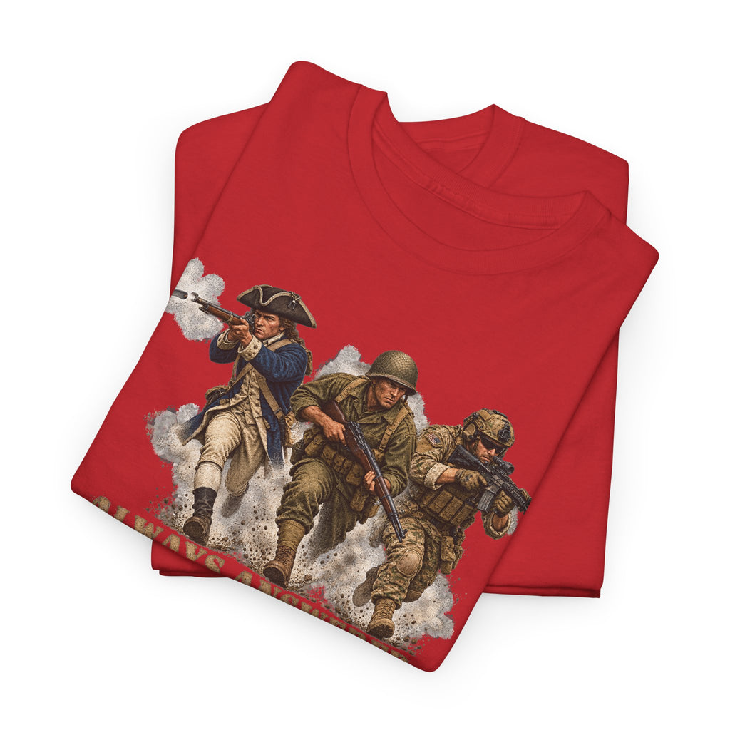 Red crew-neck T-shirt with patriotic soldier graphic