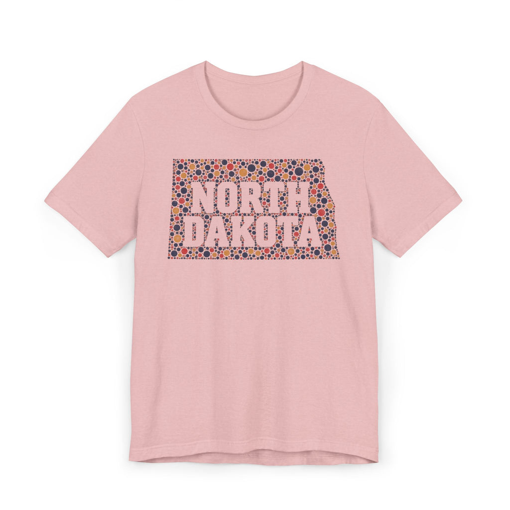 Dusty pink T-shirt with colorful "North Dakota" floral map graphic on front