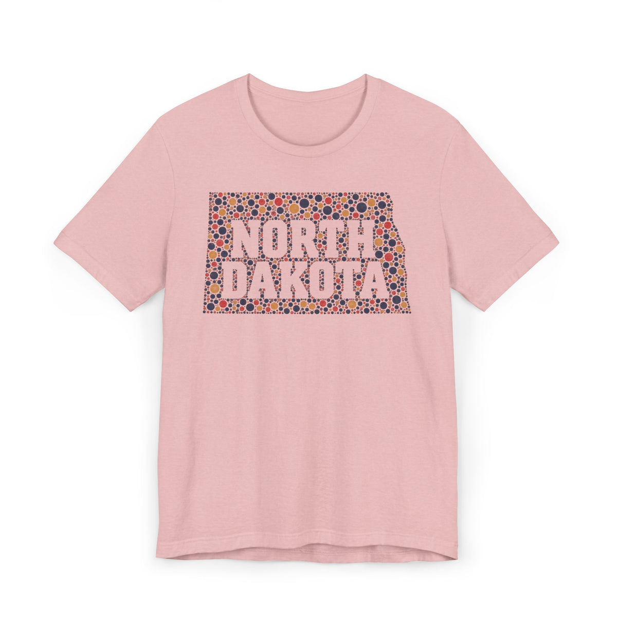 Dusty pink T-shirt with colorful "North Dakota" floral map graphic on front