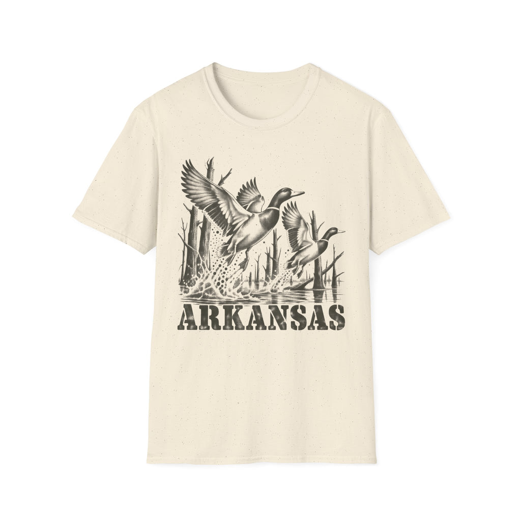 Natural crewneck T-shirt with Arkansas duck graphic print on front