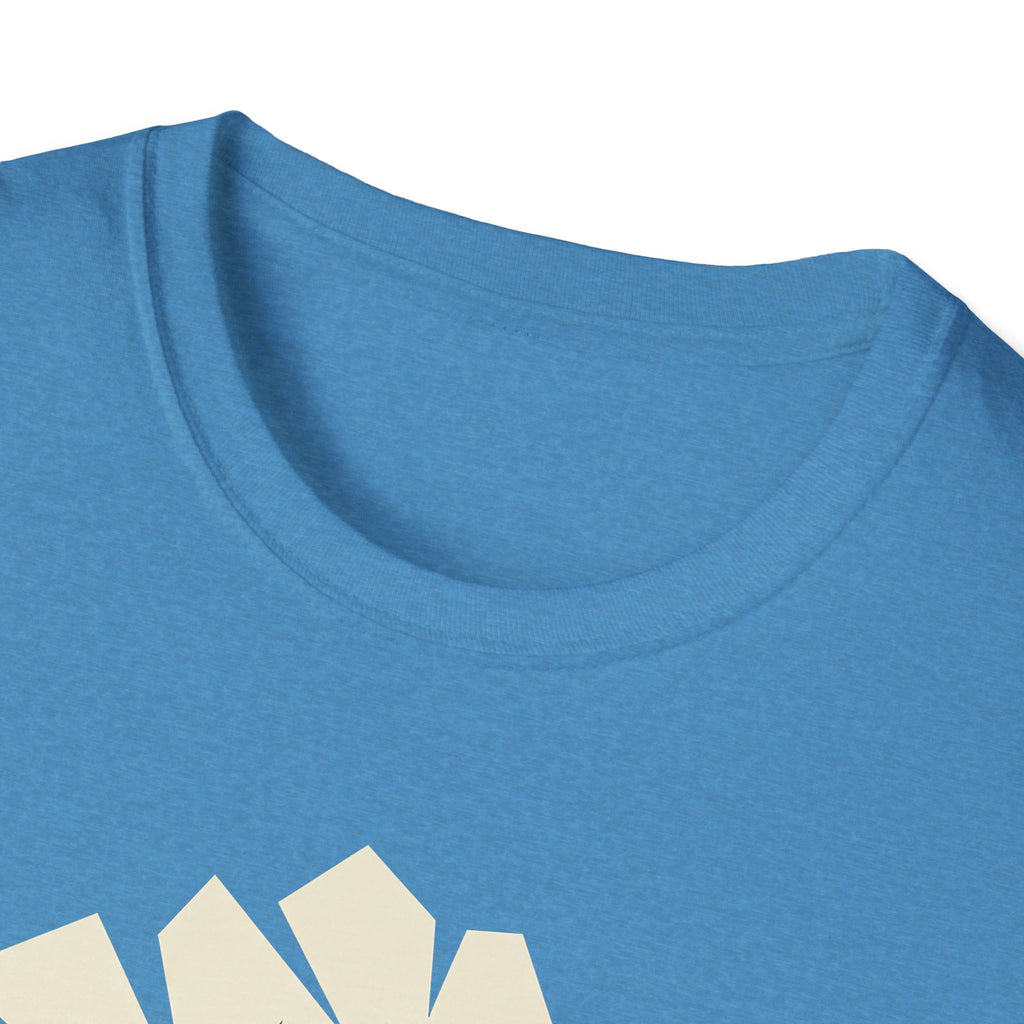 Light blue T-shirt close-up showing crew neck and partial cream graphic