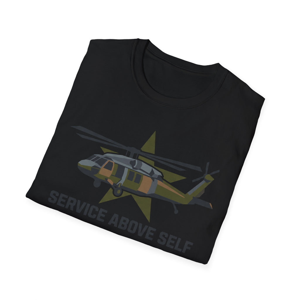 Black crewneck t-shirt with helicopter graphic and 'SERVICE ABOVE SELF' text