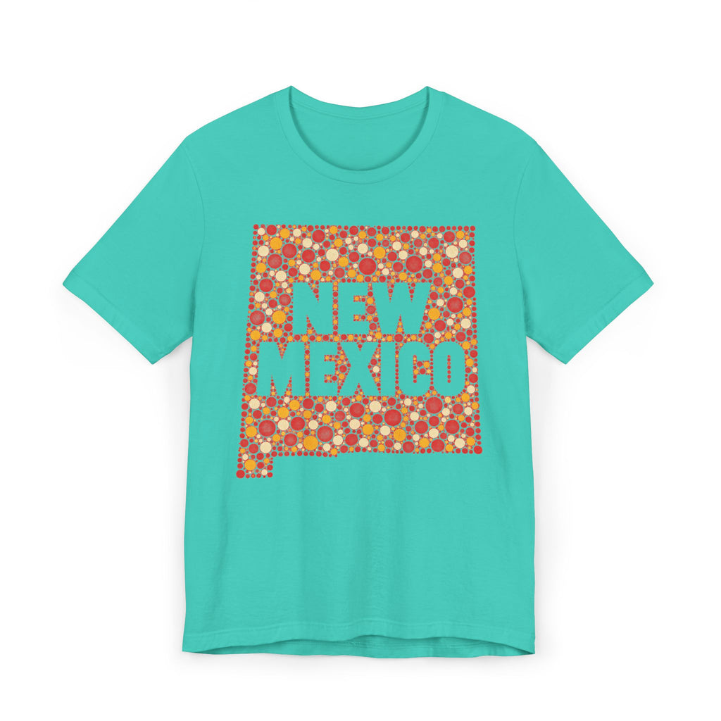Turquoise short-sleeve T-shirt with colorful “New Mexico” patterned graphic front.