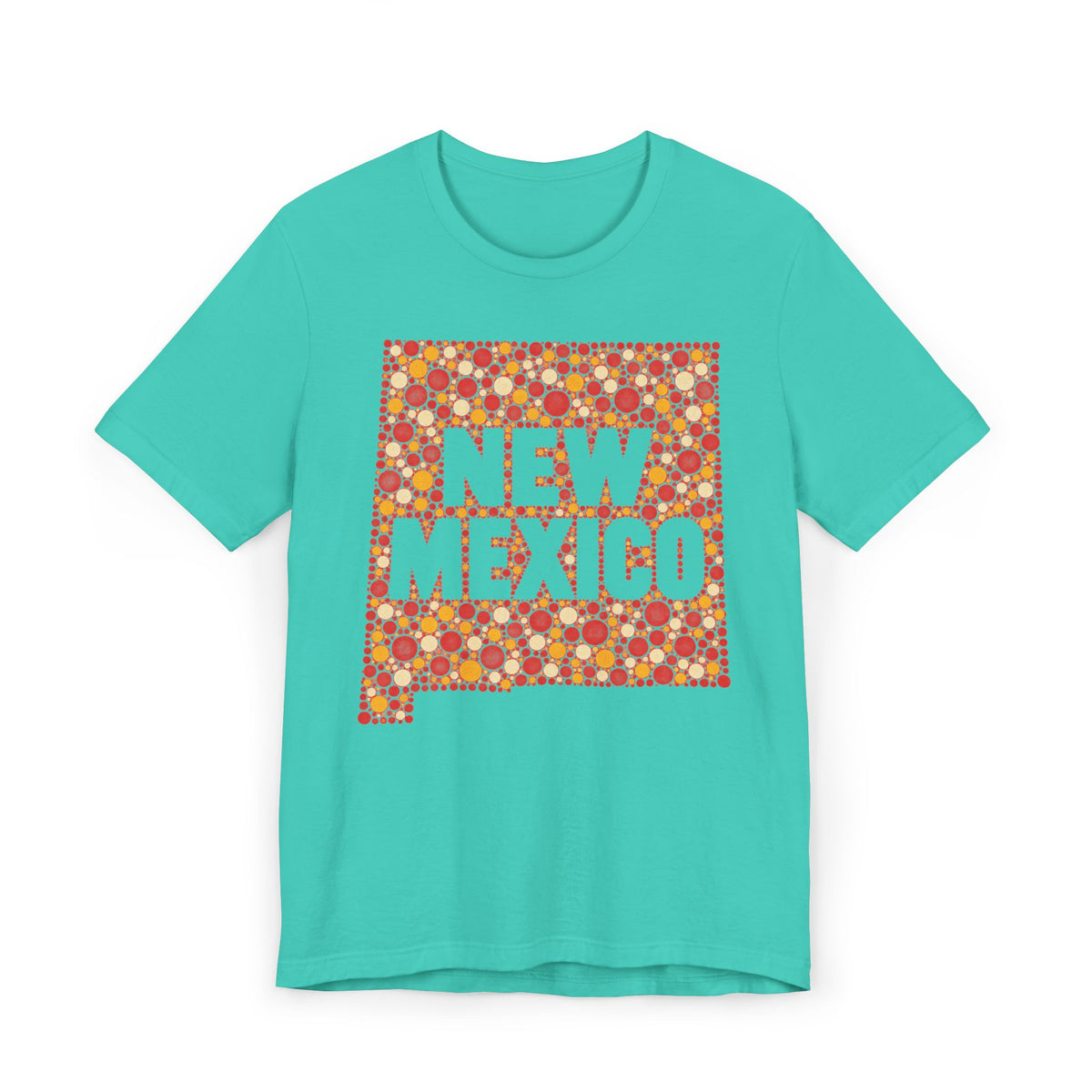 Turquoise short-sleeve T-shirt with colorful “New Mexico” patterned graphic front.