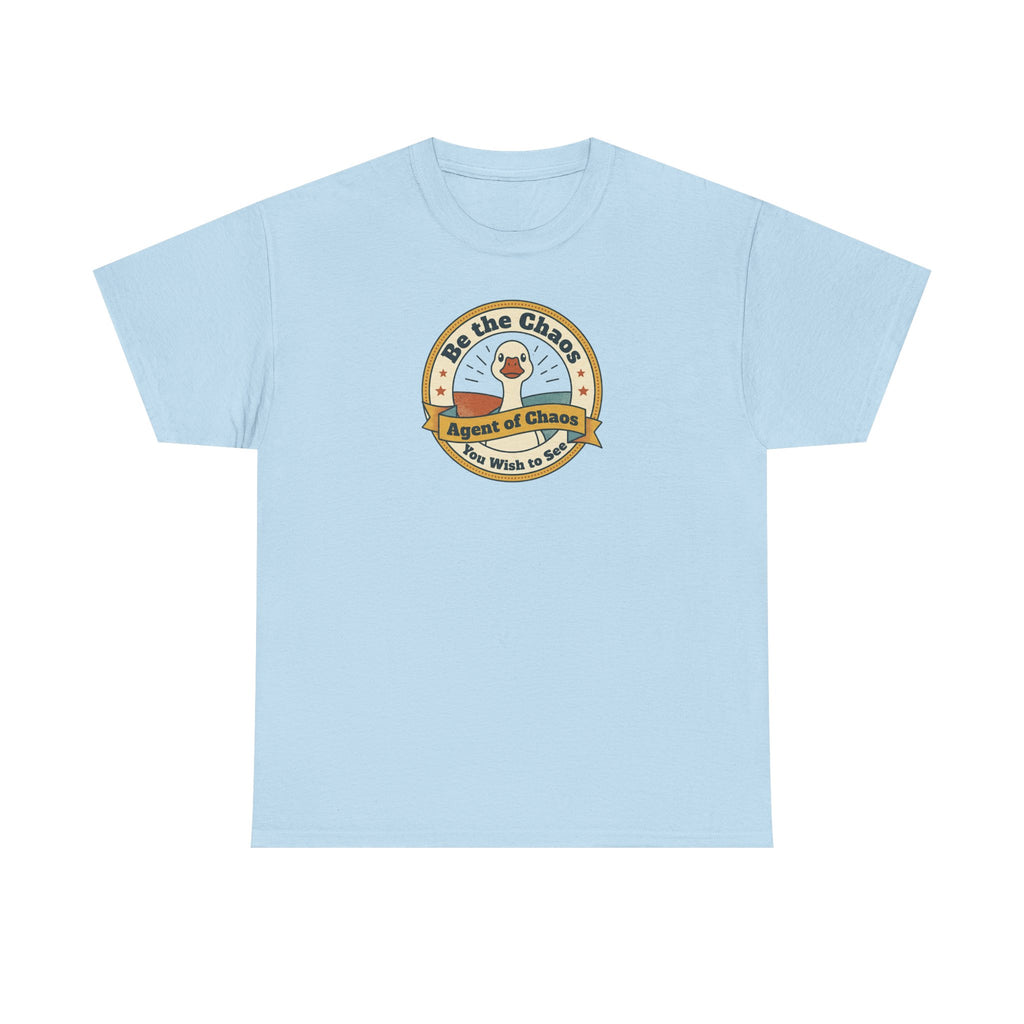 Light blue crew-neck T-shirt with circular duck emblem graphic on the chest