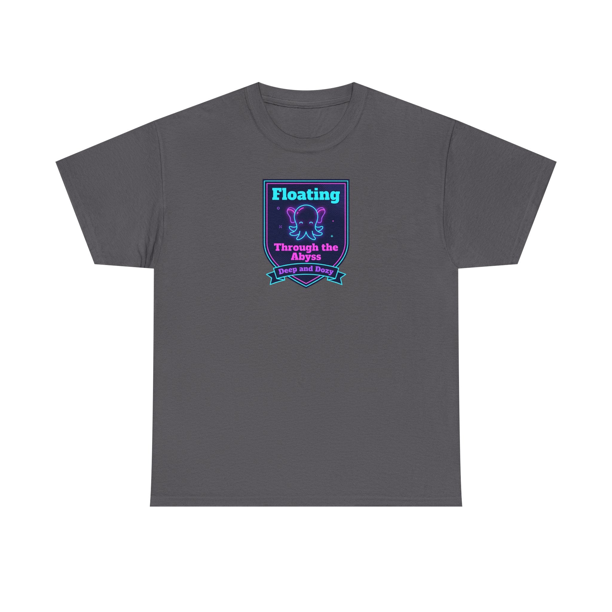 Charcoal crewneck T-shirt with centered neon octopus graphic patch