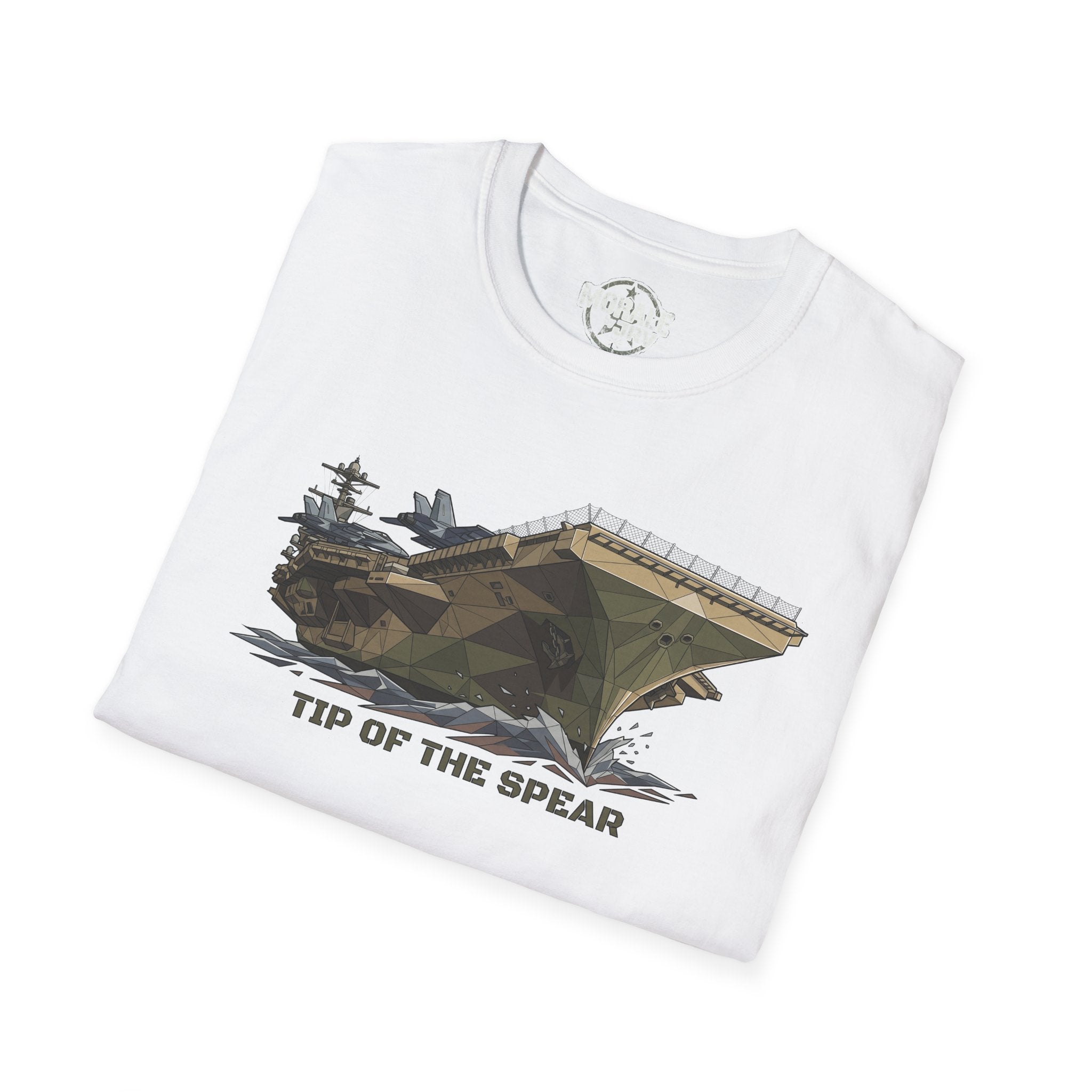 Tip of the Spear T-shirt in white with geometric tank graphic and text print