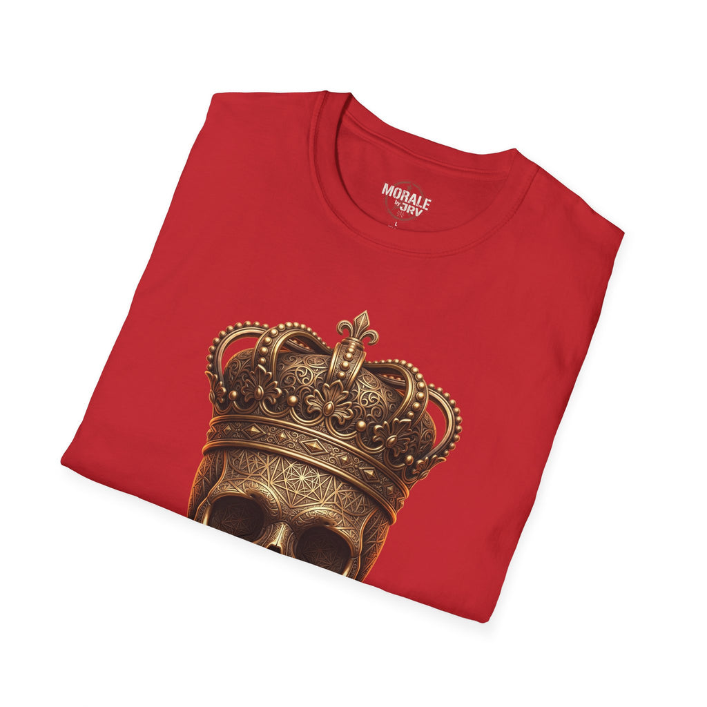 Red T-shirt with gold crowned skull and ornate crown graphic on chest