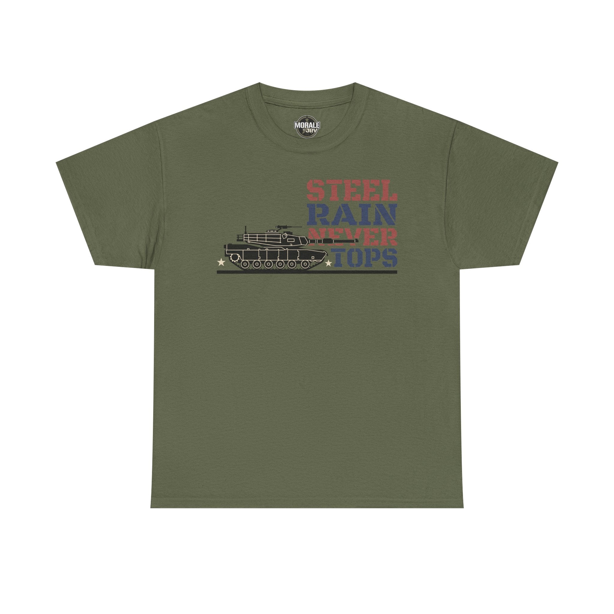 Military green crew-neck T-shirt with tank and “Steel Rain Never Tops” graphic on front