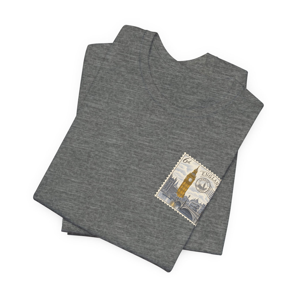 Gray heather crew-neck T-shirt with small postage-stamp graphic on front