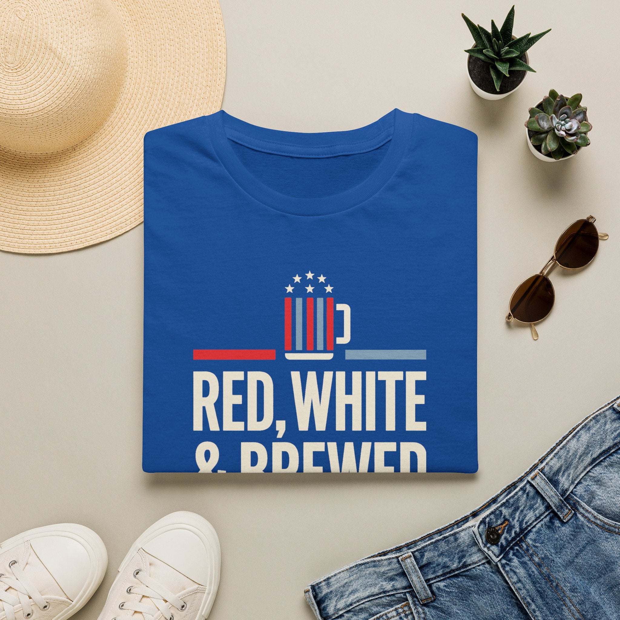 Royal blue T-shirt with patriotic beer mug graphic and text “RED, WHITE & BREWED”