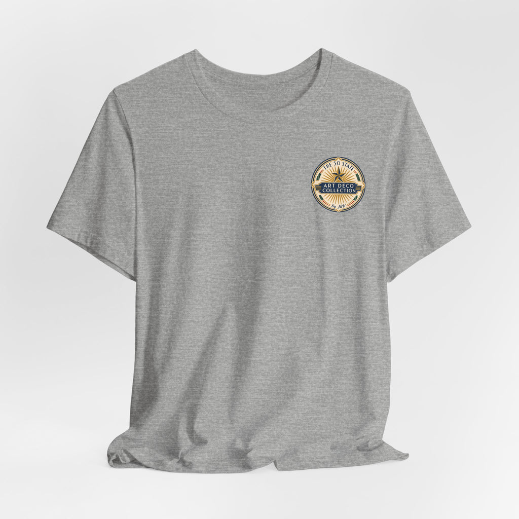 Heather gray T-shirt with small round logo on left chest