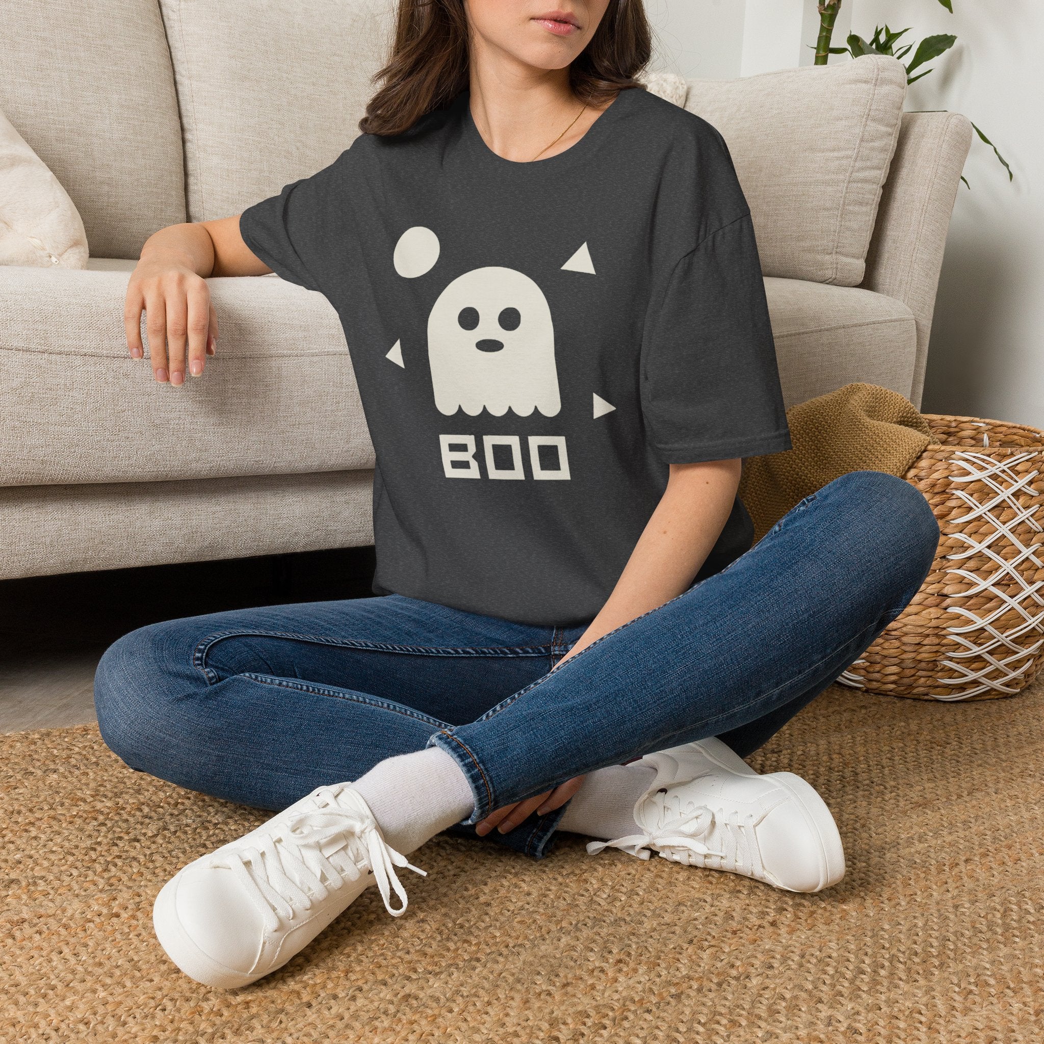Halloween ghost graphic T-shirt, dark gray with white ghost and BOO print