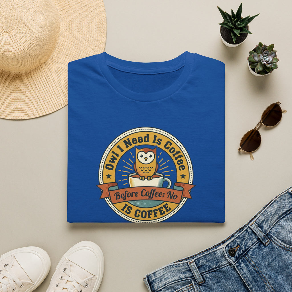 Royal blue T-shirt with circular owl coffee graphic on front