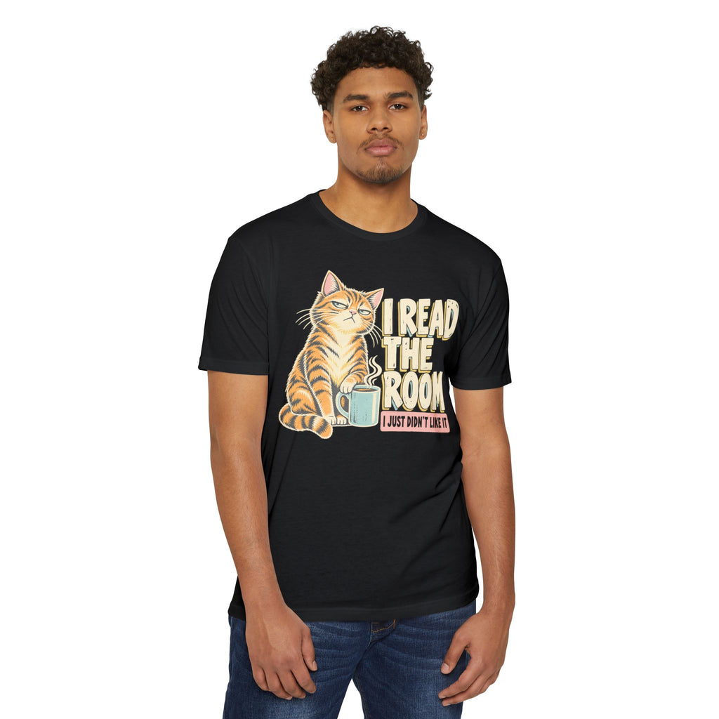 Black crewneck T-shirt with orange cat holding coffee mug and “I read the room” slogan