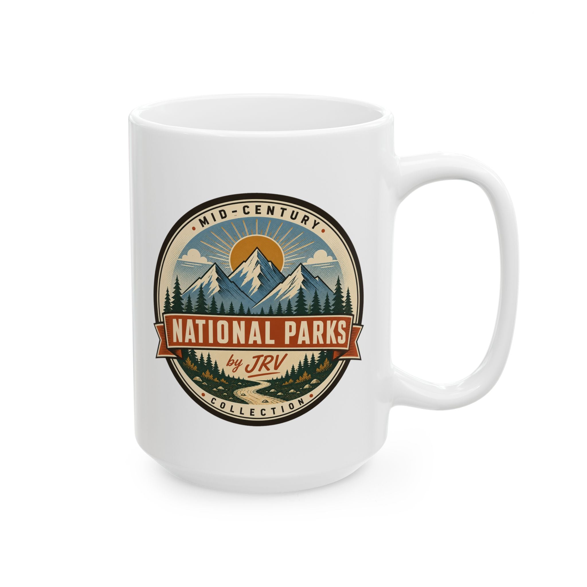 White ceramic mug with National Parks by JRV mid-century badge and side handle