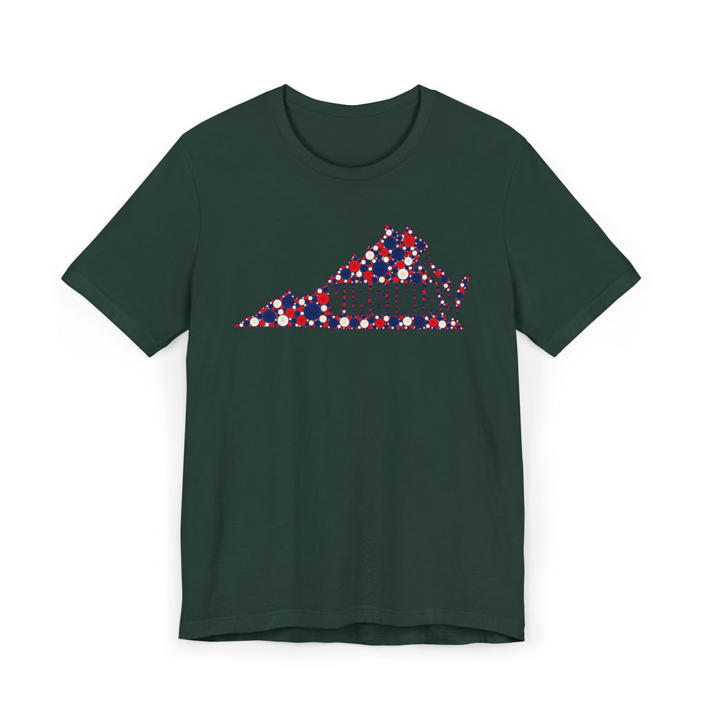 Deep green crewneck T-shirt with front Virginia map graphic in red, white, and blue