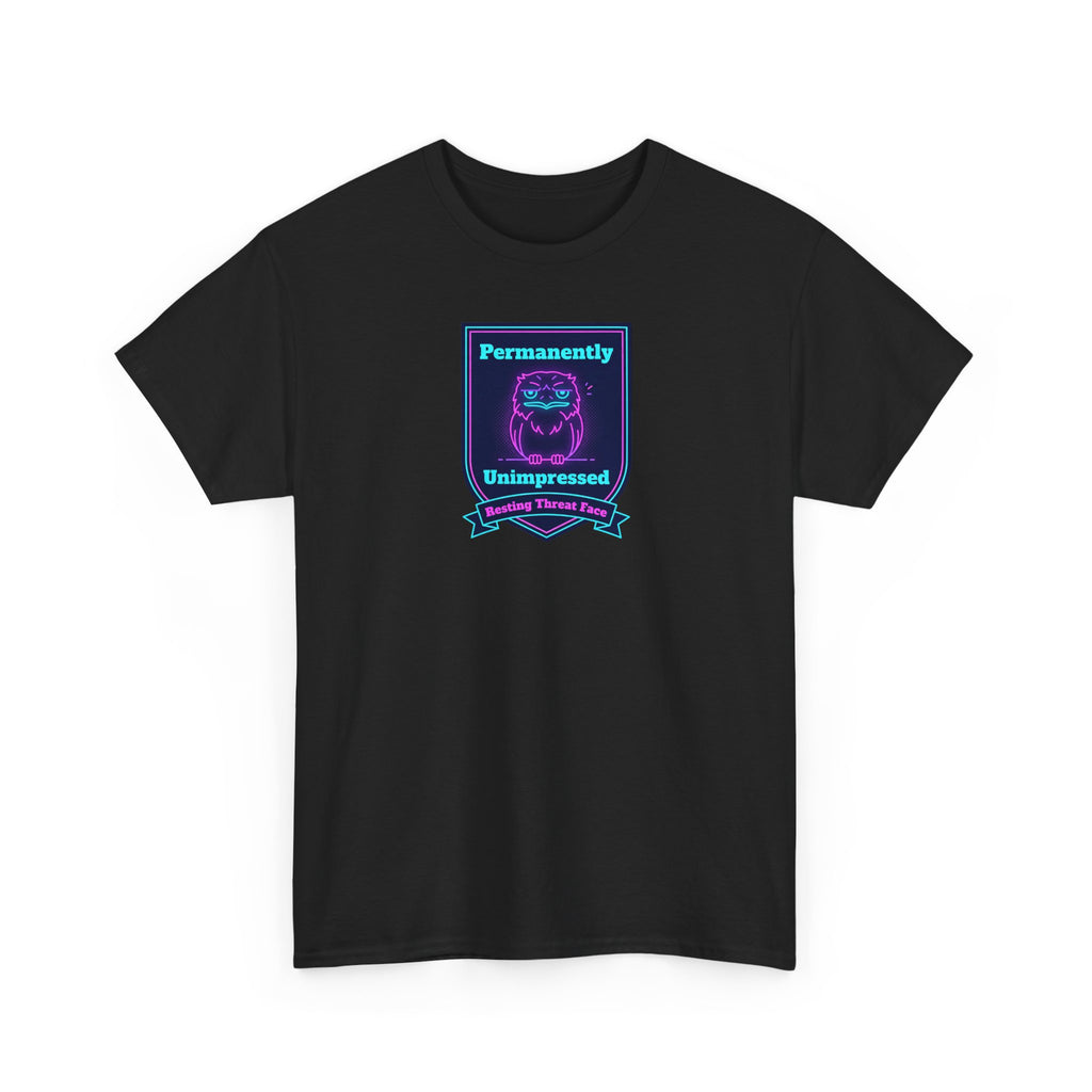 Black crewneck badge tee with neon robot badge graphic on chest