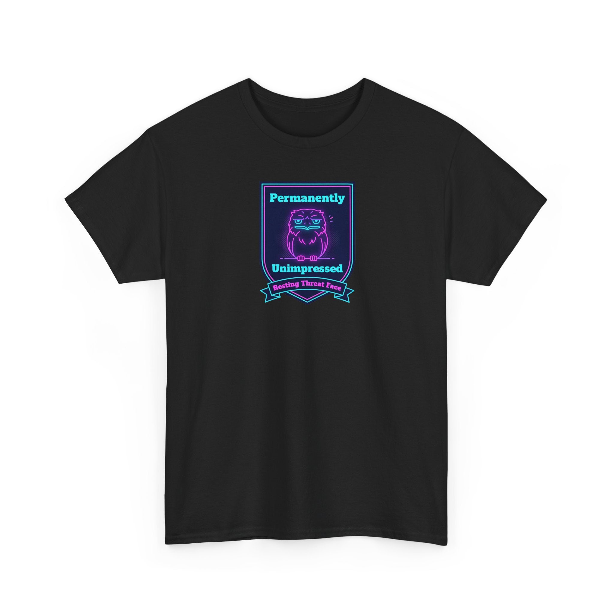 Black crewneck badge tee with neon robot badge graphic on chest
