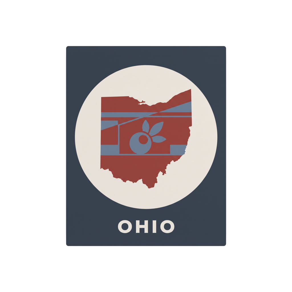 Ohio metal art sign: buckeye apple graphic in white circle, 'OHIO' on dark blue