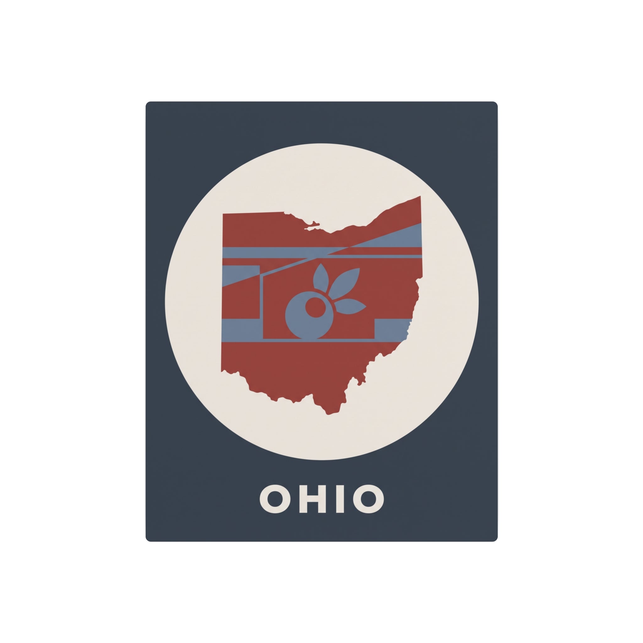 Ohio metal art sign: buckeye apple graphic in white circle, 'OHIO' on dark blue