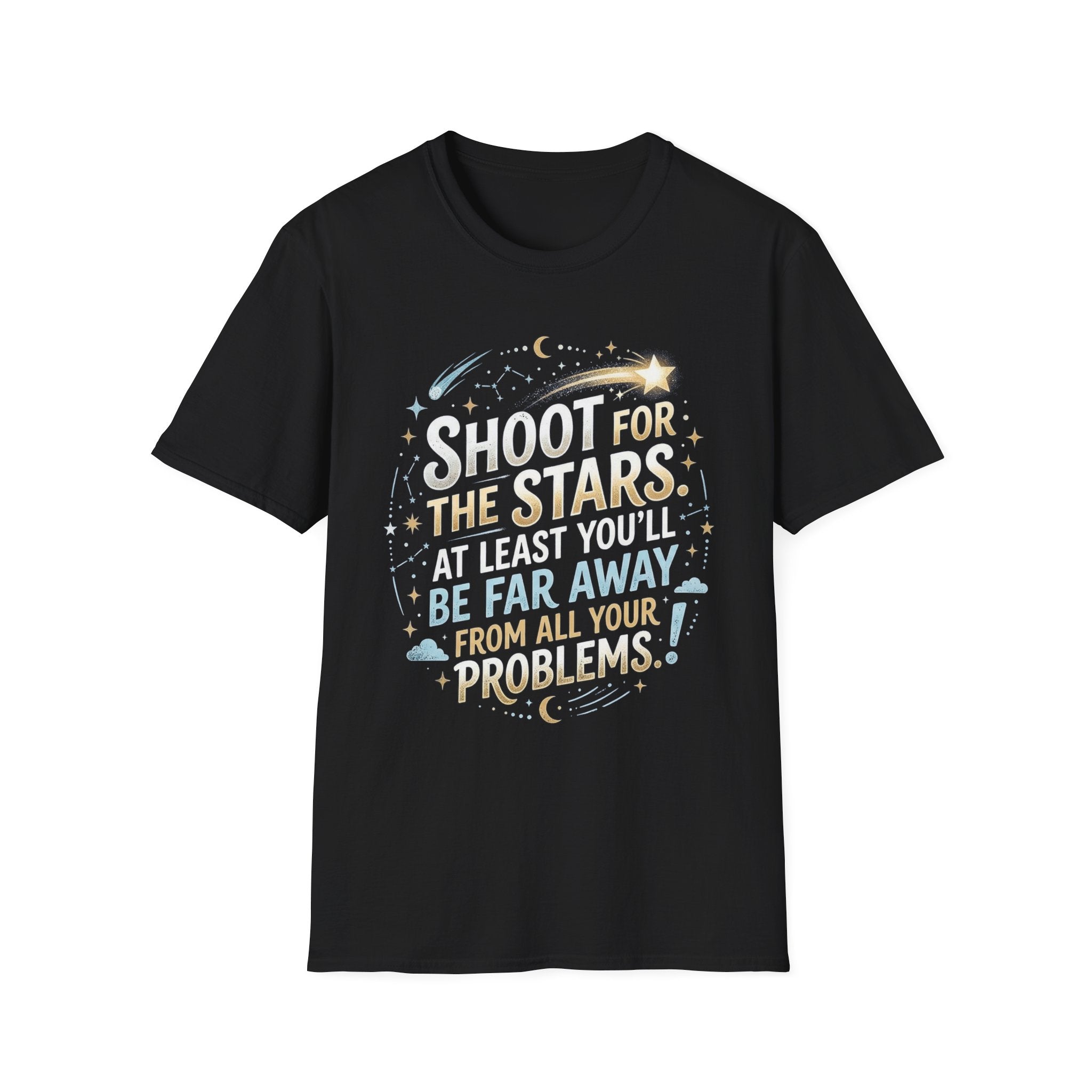 Shoot for the Stars graphic T-shirt in black, starry quote text with comet and stars