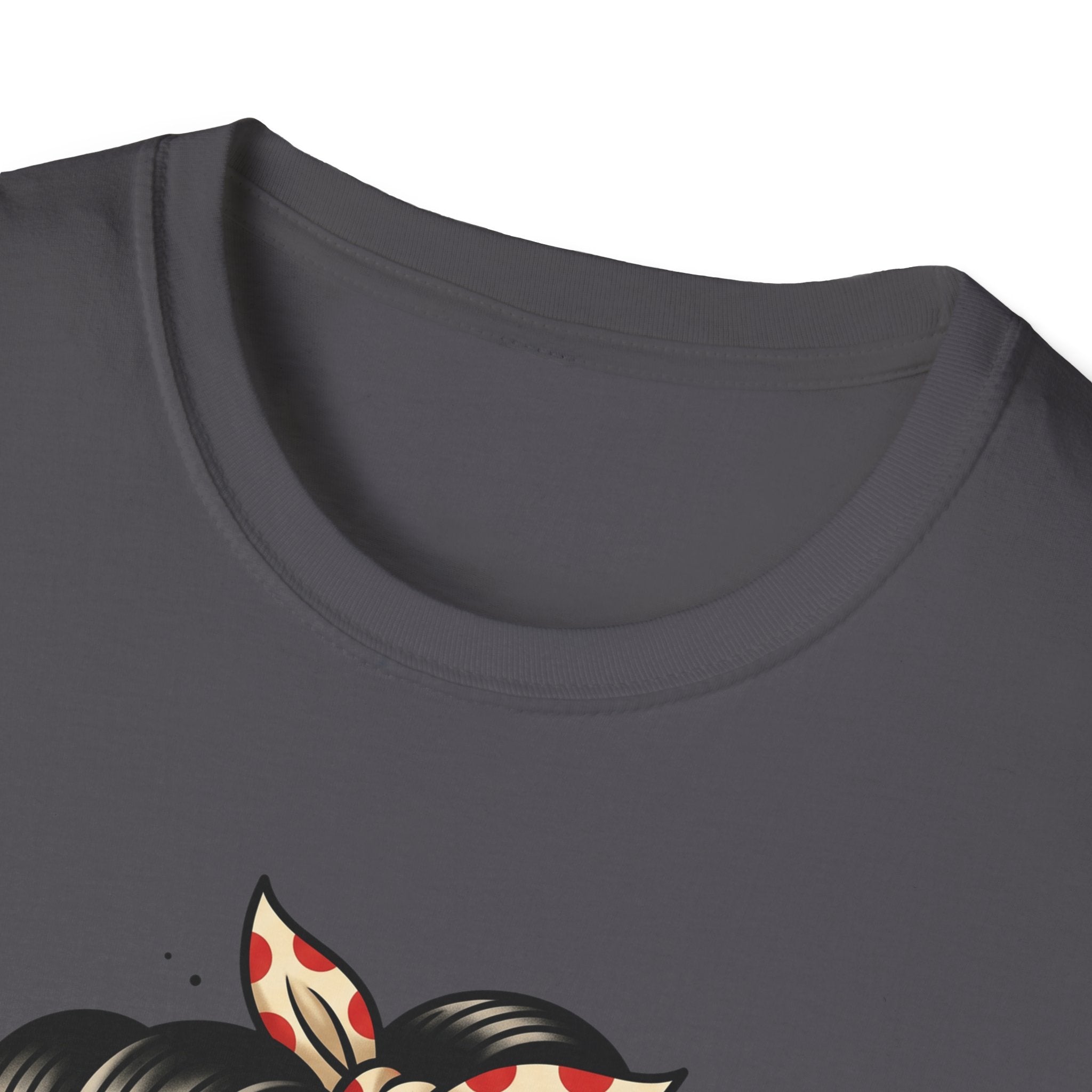 Charcoal T-shirt crew neck close-up with partial sugar skull graphic hair