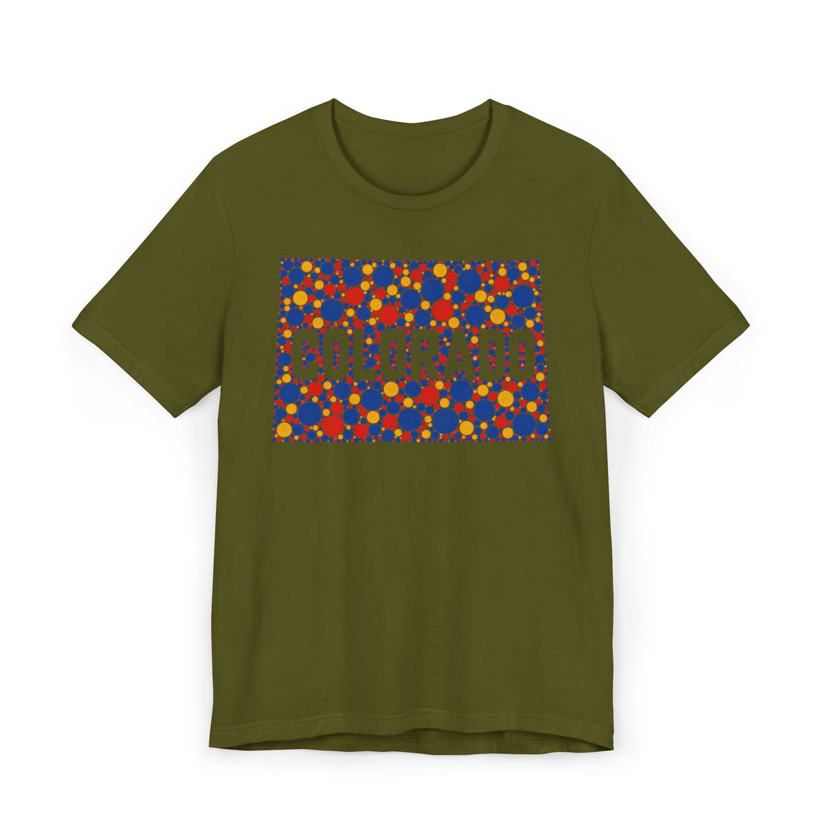 Olive green T-shirt with patterned COLORADO graphic on front