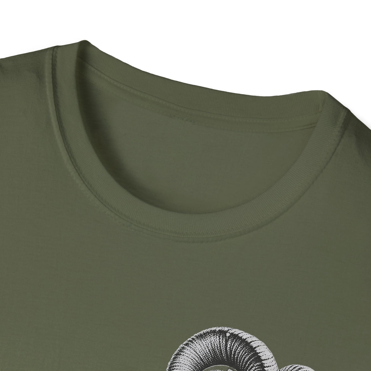 Olive green crewneck t-shirt neckline close-up, no visible graphic