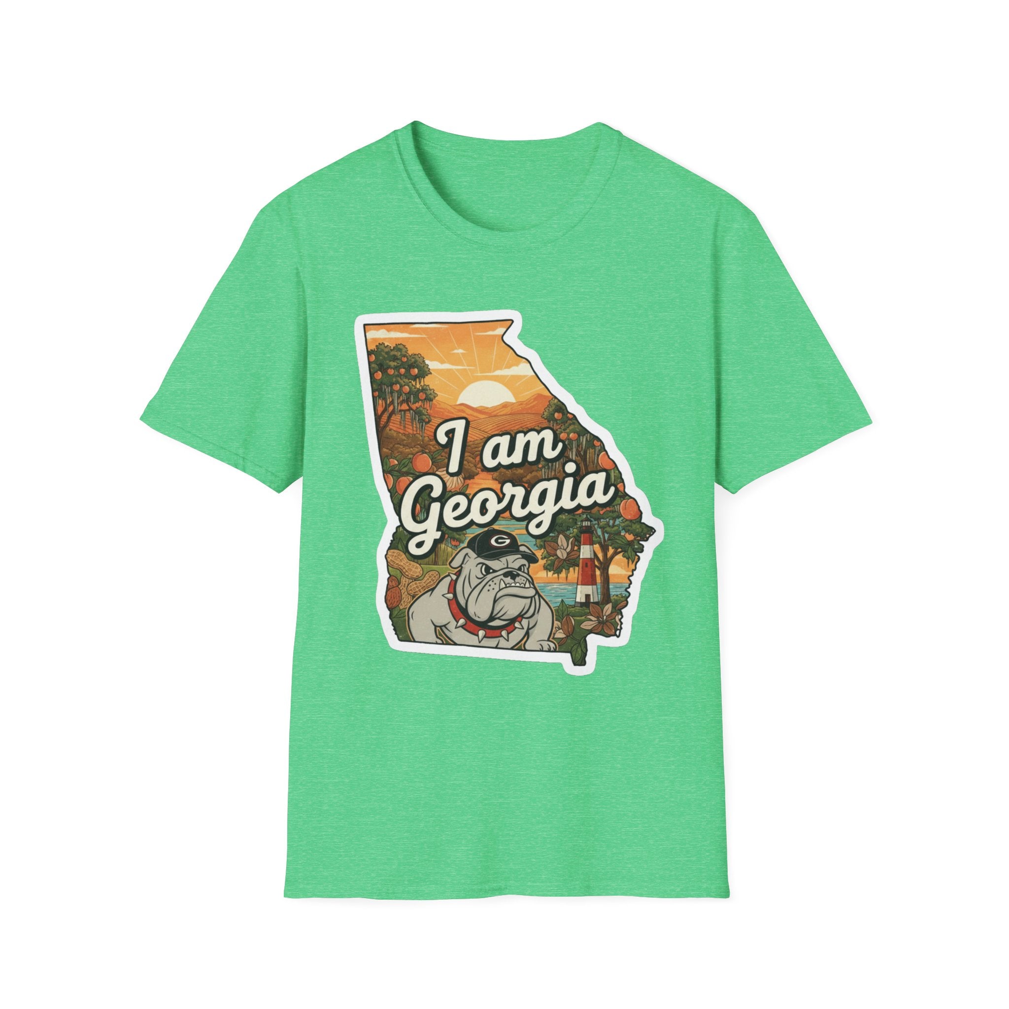 Green T-shirt with “I am Georgia” bulldog state map sunset graphic