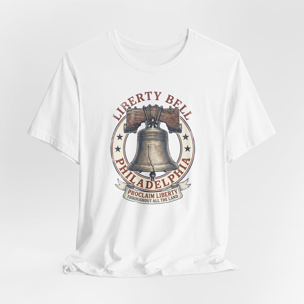 White crewneck T-shirt with centered Liberty Bell and text graphic