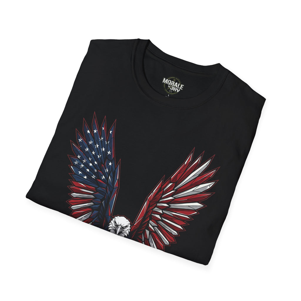 Black T-shirt with American flag eagle graphic, red and blue wing design