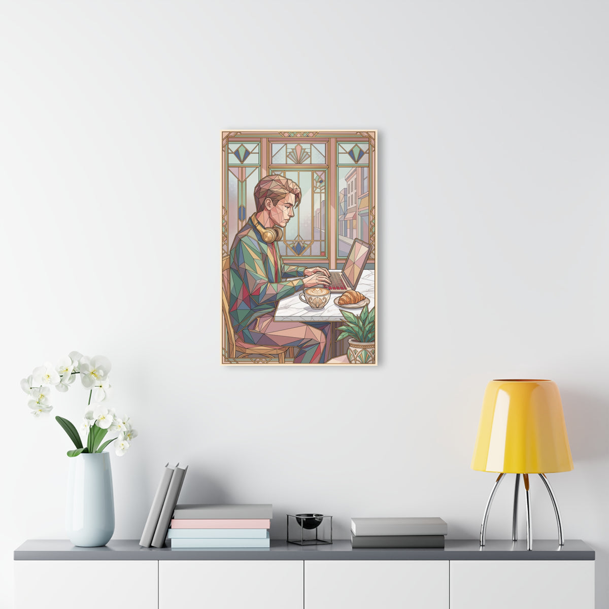 Geometric acrylic wall art on a wall above a console with decor and a lamp