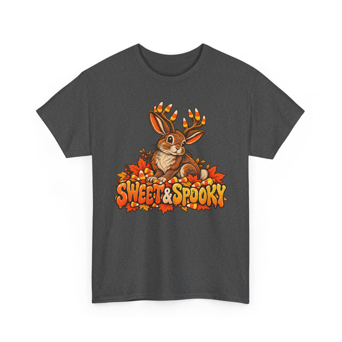 Dark gray Halloween jackalope t-shirt with candy corn antler bunny front graphic