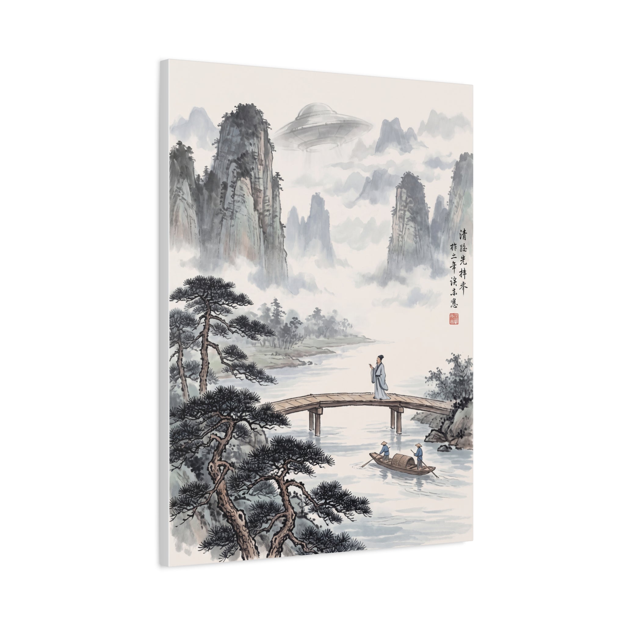 Landscape wall art print with misty peaks, pine trees, lake bridge, and boats