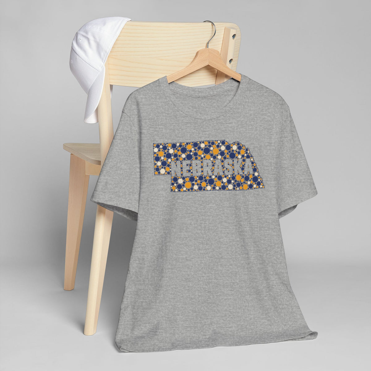 Heather gray crew-neck t-shirt with colorful rectangular state map graphic