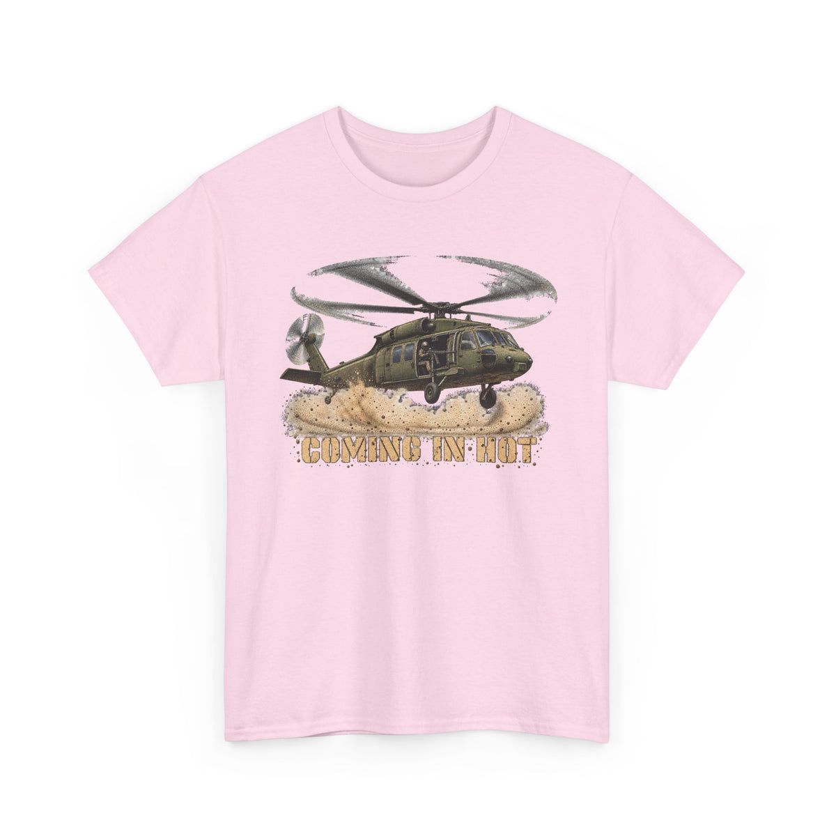 Pink t-shirt with helicopter graphic and “Coming in Hot” text on the front