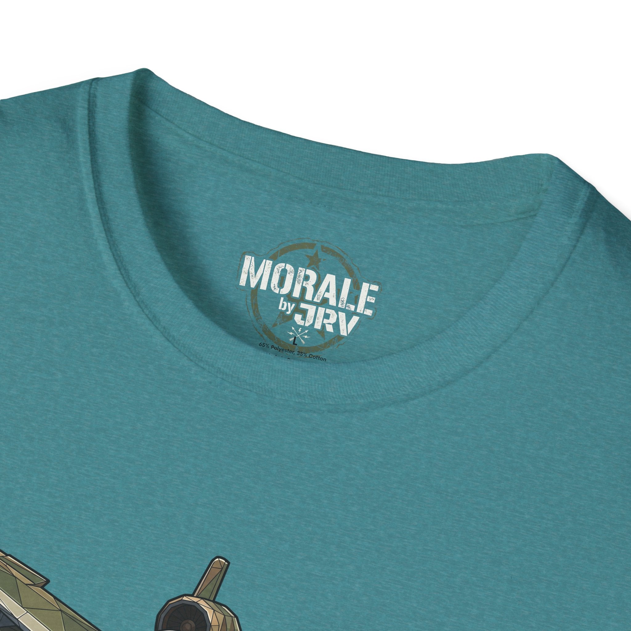 Teal T-shirt with 'Morale by TVR' logo at neckline.