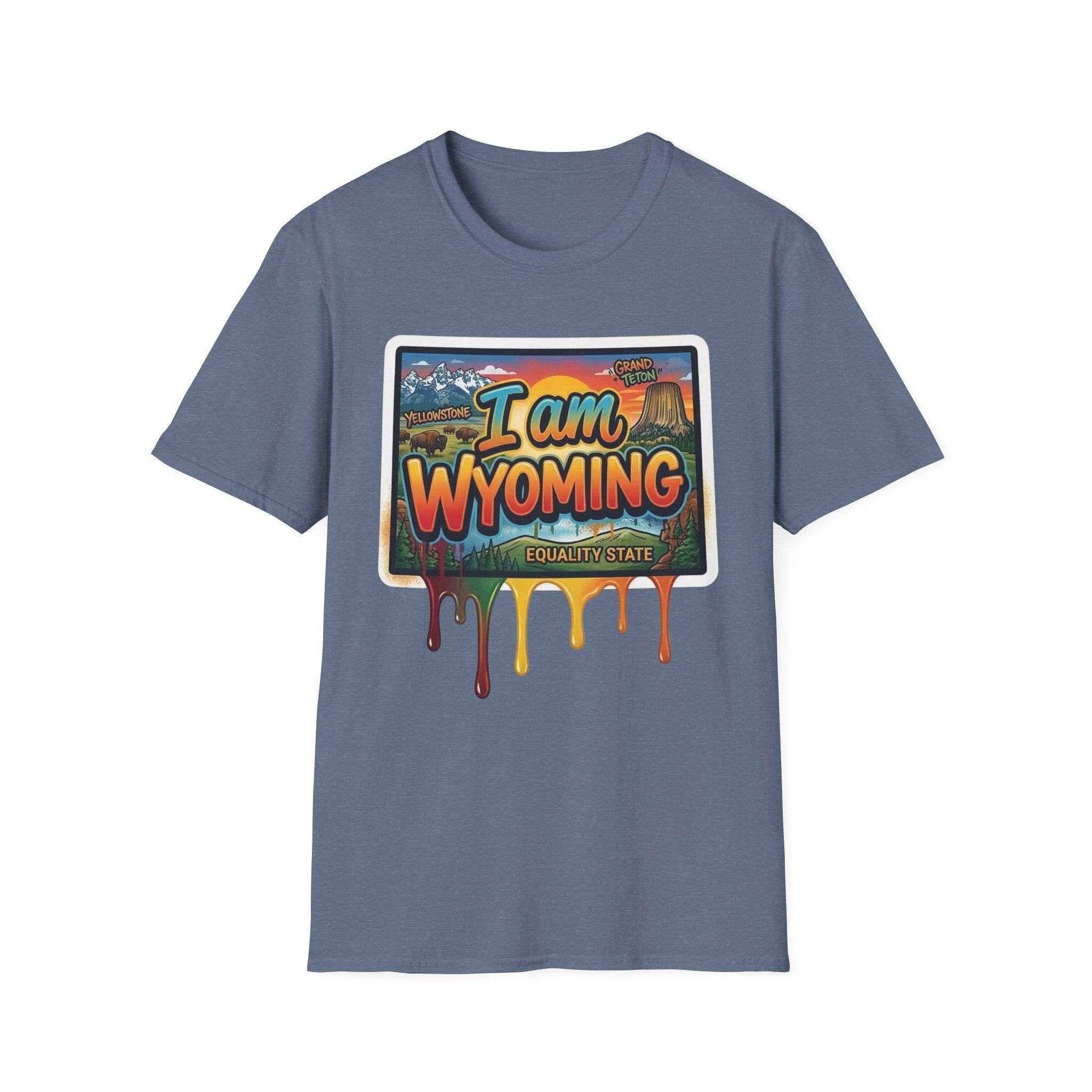 Heather navy T-shirt with colorful "I am Wyoming" postcard-style print and dripping border