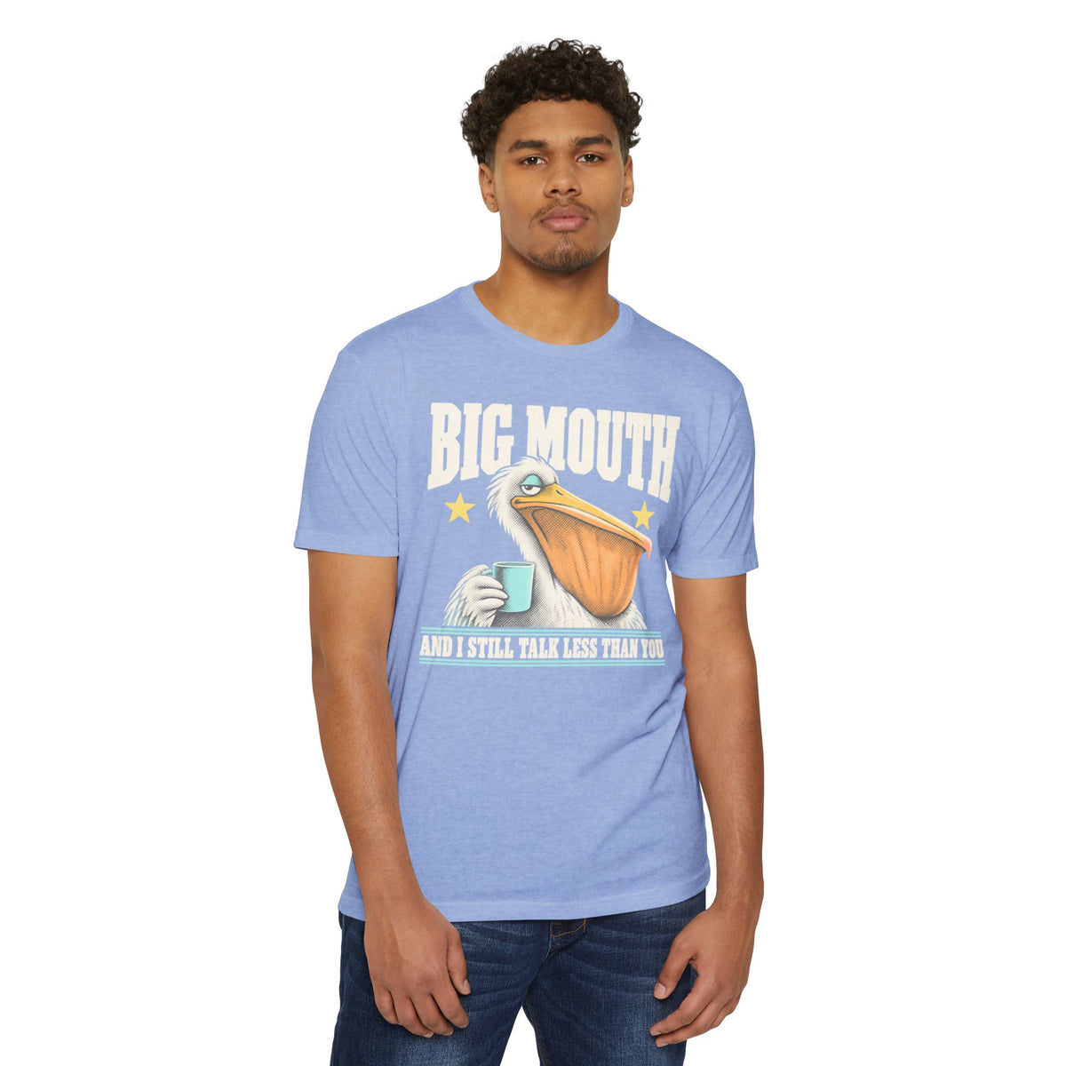 Light blue graphic T-shirt with pelican holding a coffee mug and “BIG MOUTH” text