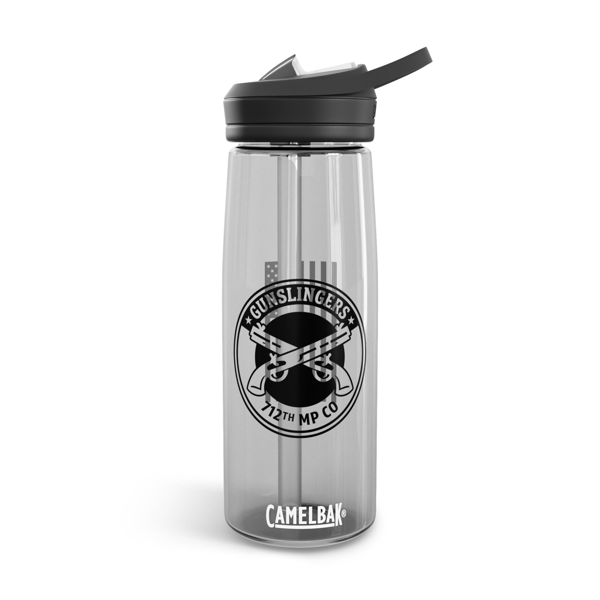 25 oz transparent water bottle with charcoal flip-top lid and Gunslingers emblem