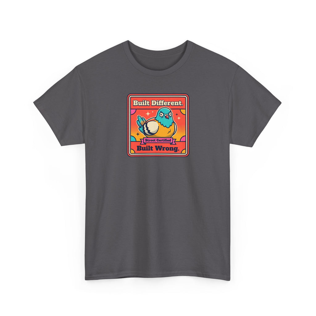 Charcoal gray T-shirt with framed cartoon bird graphic on the chest